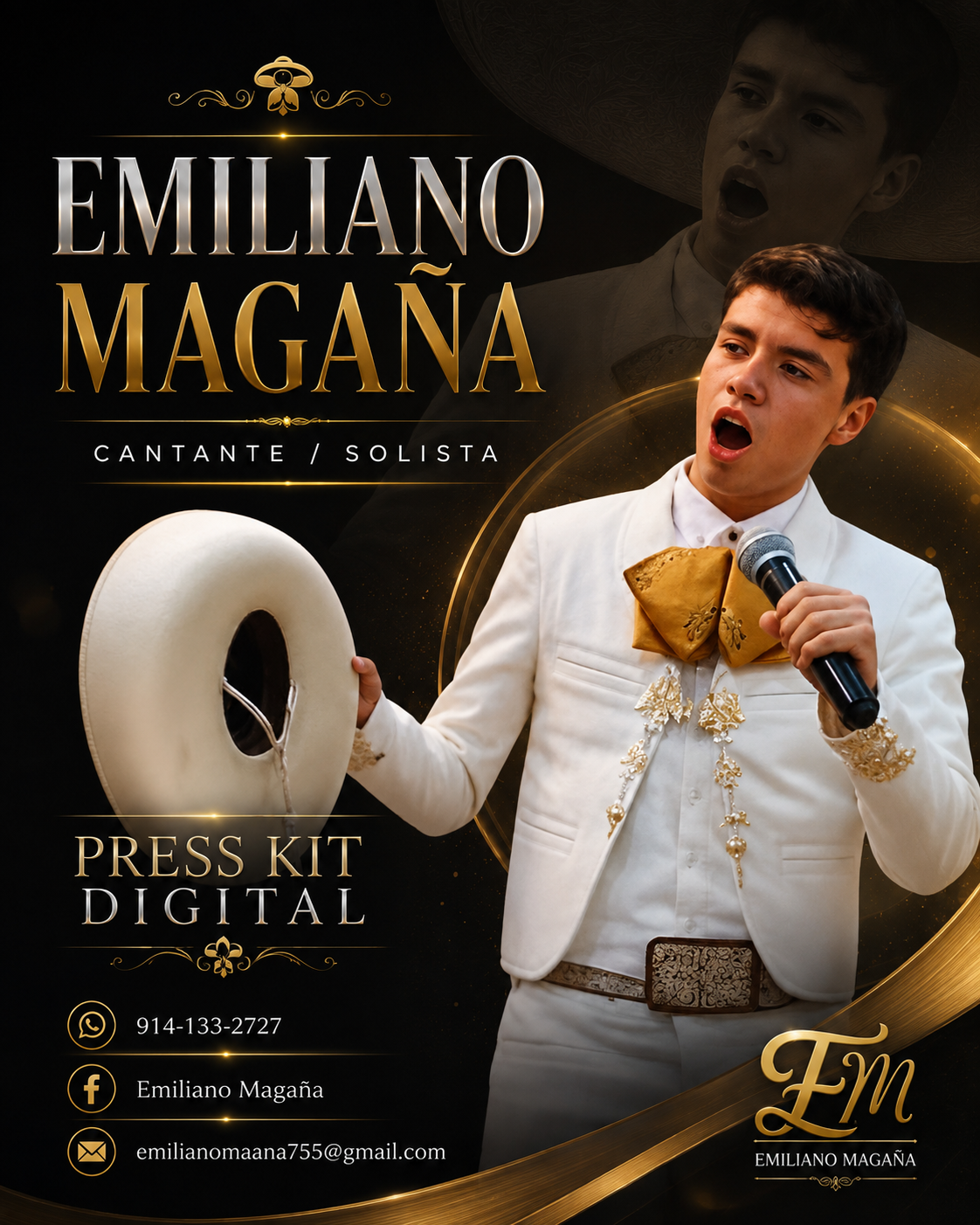 Press kit digital oficial de Emiliano Magaña con traje charro blanco