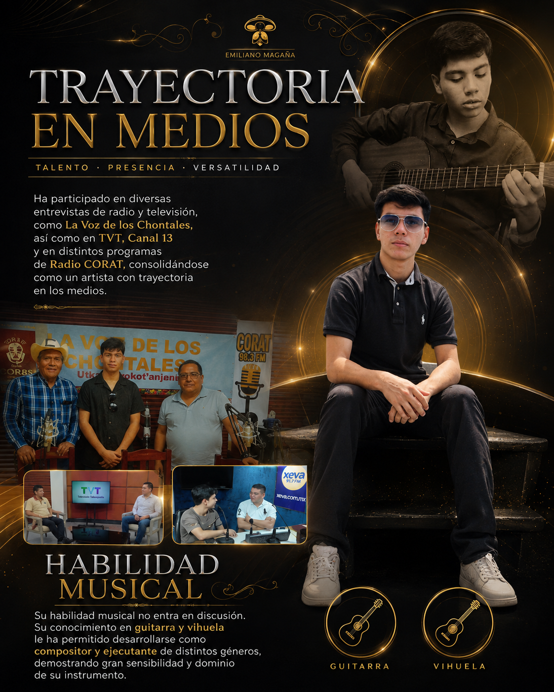 Trayectoria en medios y habilidad musical de Emiliano Magaña